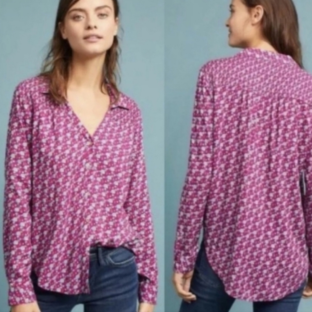 Anthropologie Maeve Smocked Geometric Multicolor Long Slv Button Blouse Size 4
